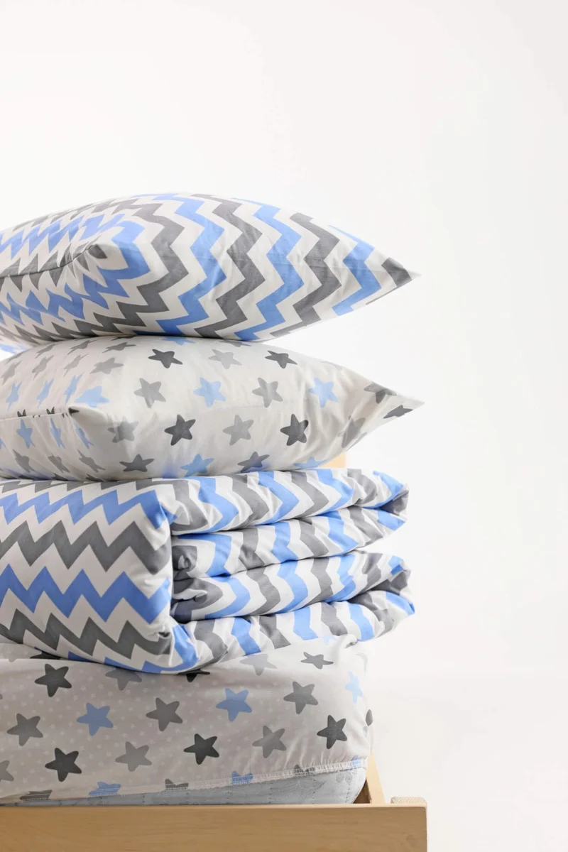 Favora Zigzag Patterned Cotton Single Duvet Cover Set with Elastic Sheets - Blue