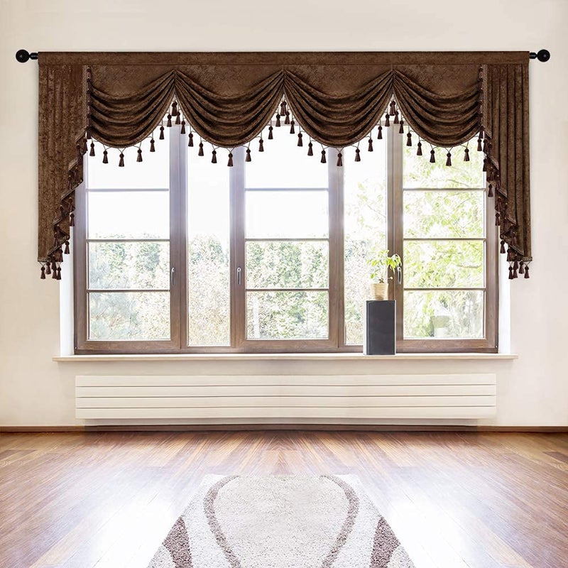 ELKCA ELKCA Thick Chenille Window Curtains Valance for Living Room Chocolate Waterfall Valance for Bedroom Rod Pocket 1 Panel (Chocolate W118)  - Image 1