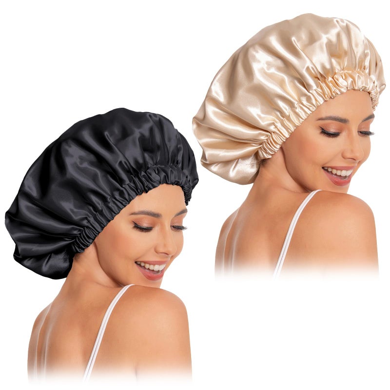 Edoneery Satin Bonnet Silk Bonnet Hair Bonnet for SleepingSlouchy Beanie Hat Satin Sleep Cap for Womens Natural Curly HairBlackChampagne - Image 2