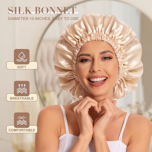 Edoneery Satin Bonnet Silk Bonnet Hair Bonnet for SleepingSlouchy Beanie Hat Satin Sleep Cap for Womens Natural Curly HairBlackChampagne - Image 3