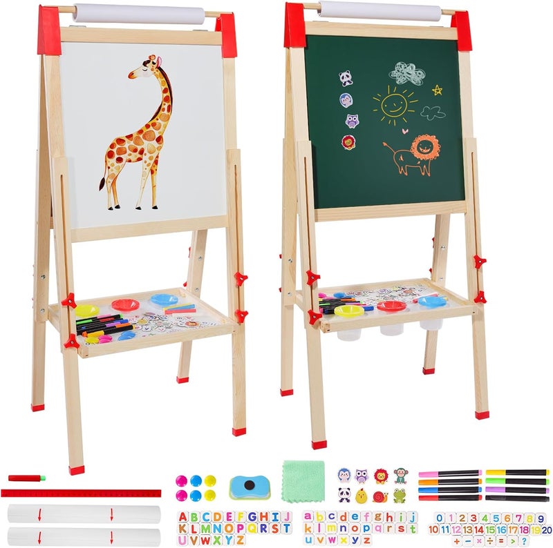 Children's Foldable 3-in-1 Wooden Board with Paper Roll Double-Sided Easel Children Wooden Chalkboard and Whiteboard for Boys Girls