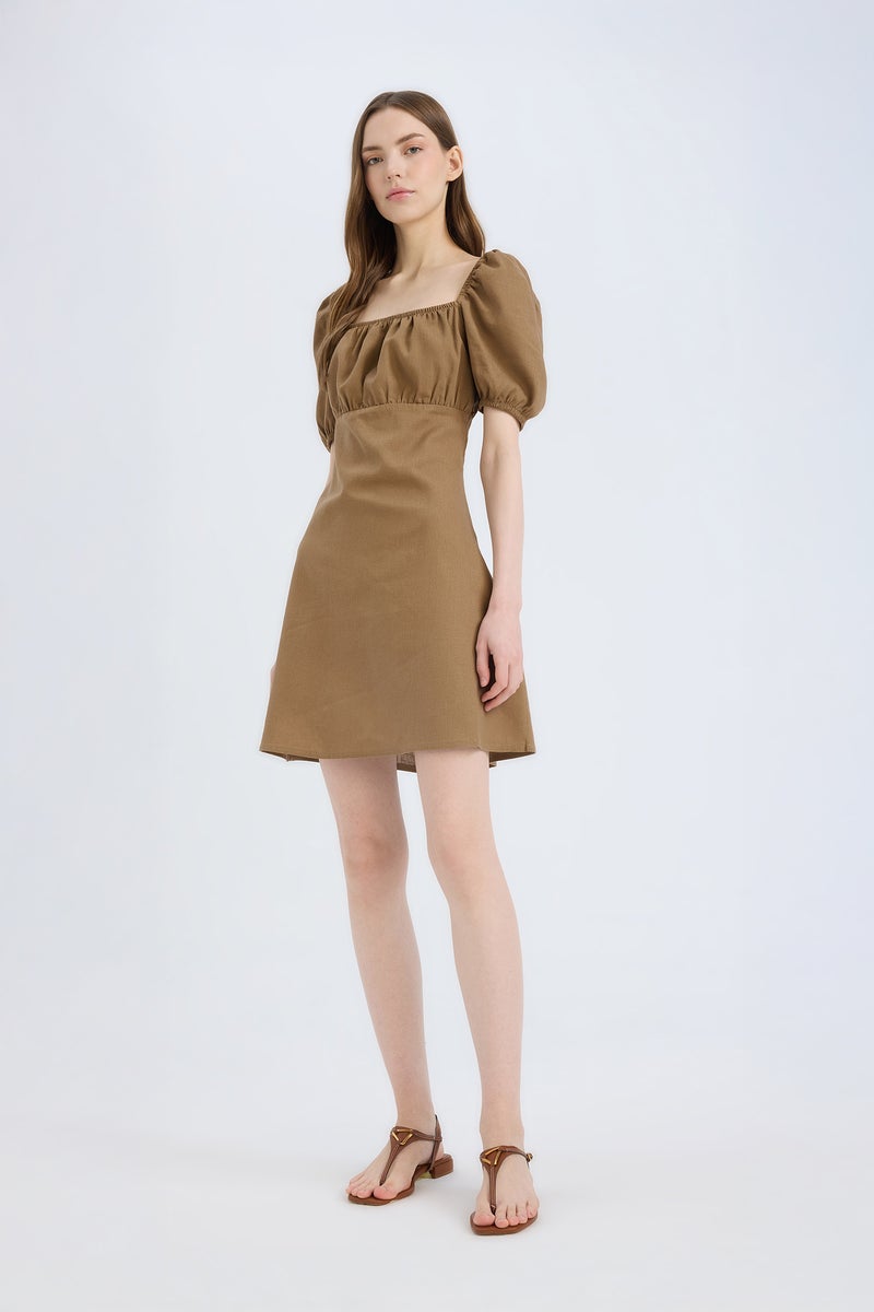 DeFacto Brown Woman Square Collar Linen Blended Mini Dress Casual - Image 1