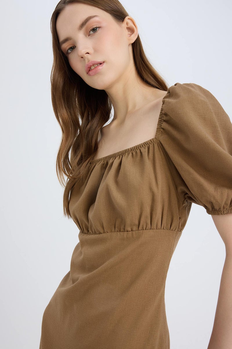 DeFacto Brown Woman Square Collar Linen Blended Mini Dress Casual - Image 2