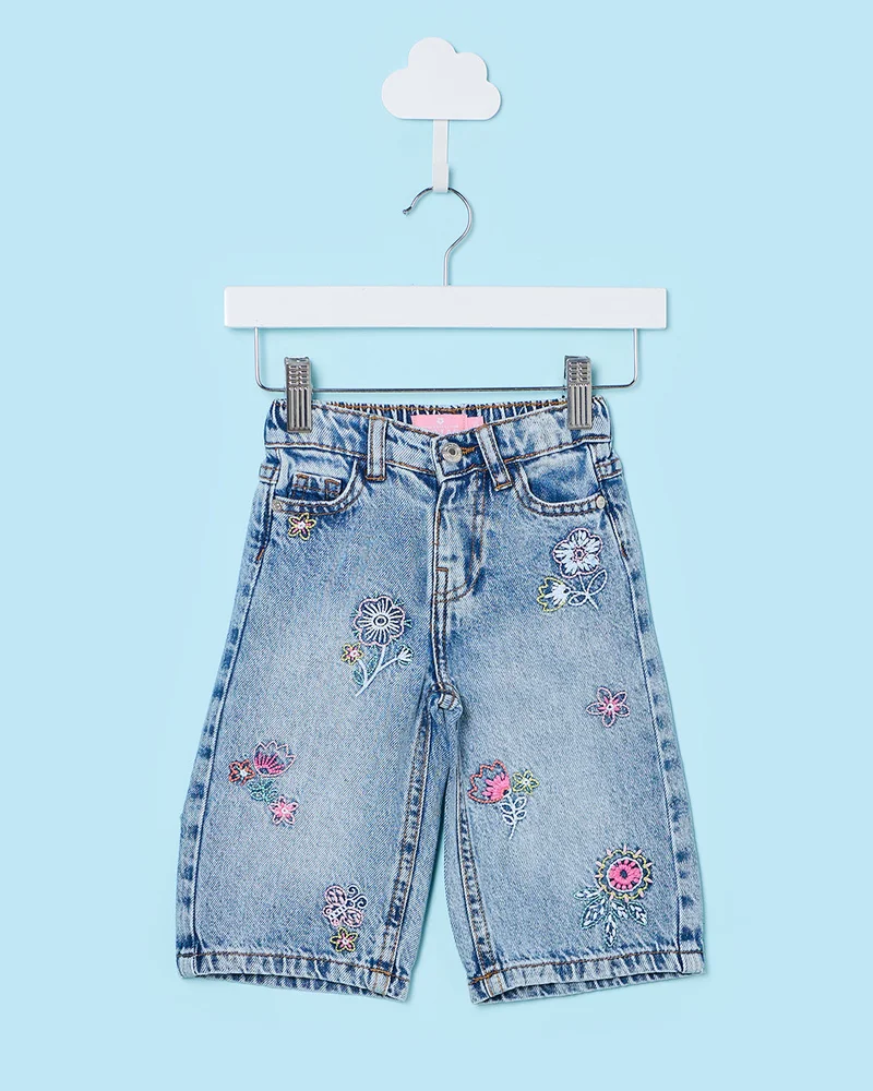 Redtag Infant Girls Mid Wash Embroidered Wide Leg Jeans