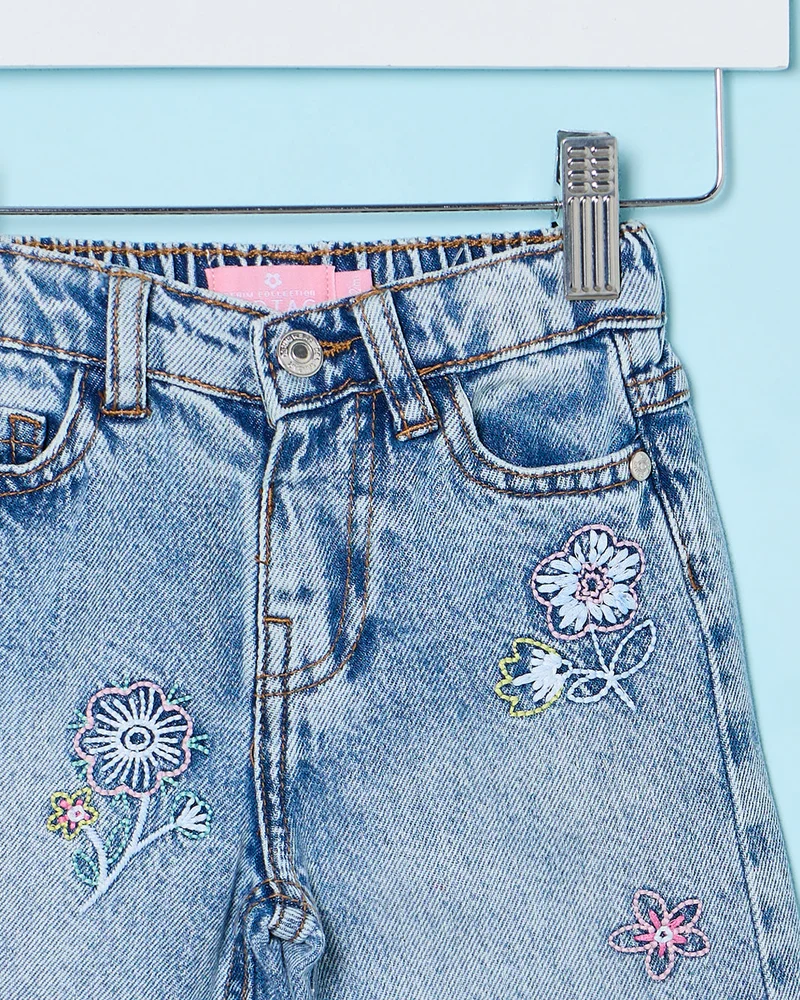 Redtag Infant Girls Mid Wash Embroidered Wide Leg Jeans