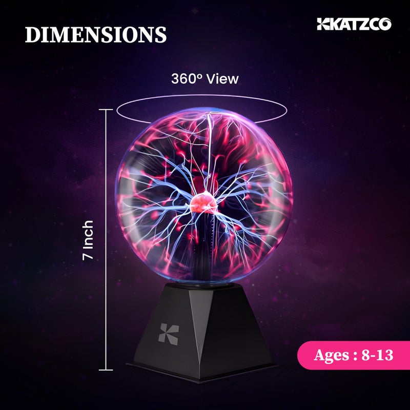 Katzco 7 Inch Plasma Ball Lamp - Touch and Sound Sensitive Electric Globe with Lightning Effects - Plug-in Energy Ball for Parties, Room Decor, and STEM Learning - Static Electricity Sphere for Kids - Image 3