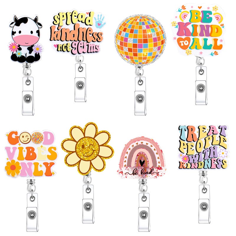 Remuuly 8 Pcs Cute Nurse Badge Reel Pink Daisy Smile Face Glitter Retractable Badge Reel Rainbow Be Kind Heart Badge Reel for Nurses Nursing Student RN Teacher Funny Office Work Accessories (Cow) - Image 1