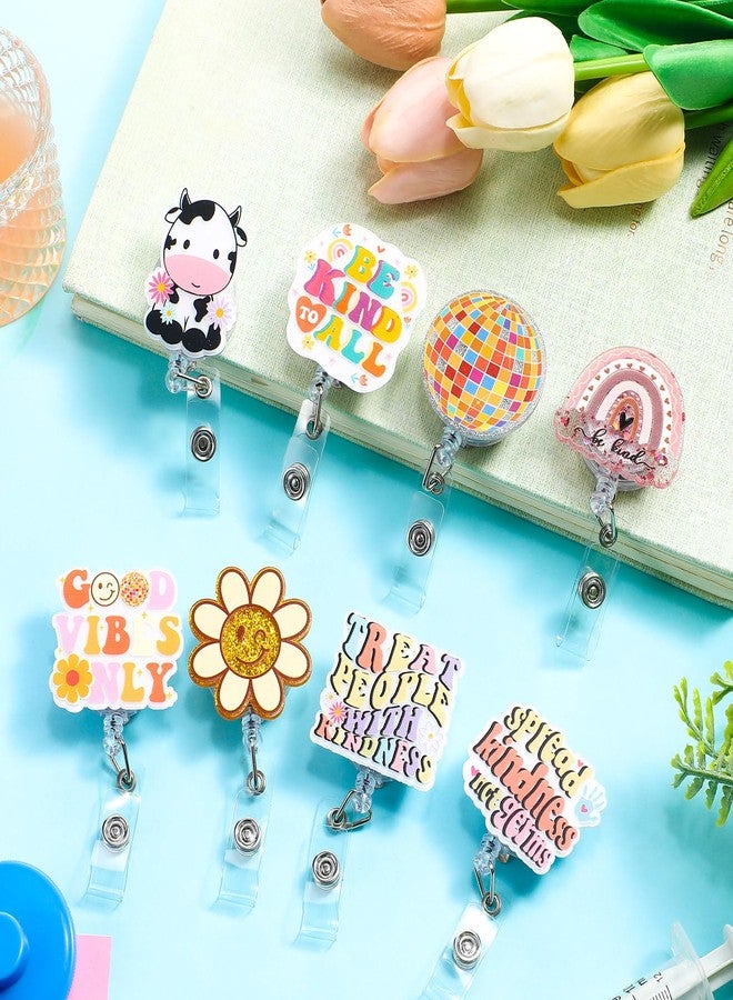 Remuuly 8 Pcs Cute Nurse Badge Reel Pink Daisy Smile Face Glitter Retractable Badge Reel Rainbow Be Kind Heart Badge Reel for Nurses Nursing Student RN Teacher Funny Office Work Accessories (Cow) - Image 4