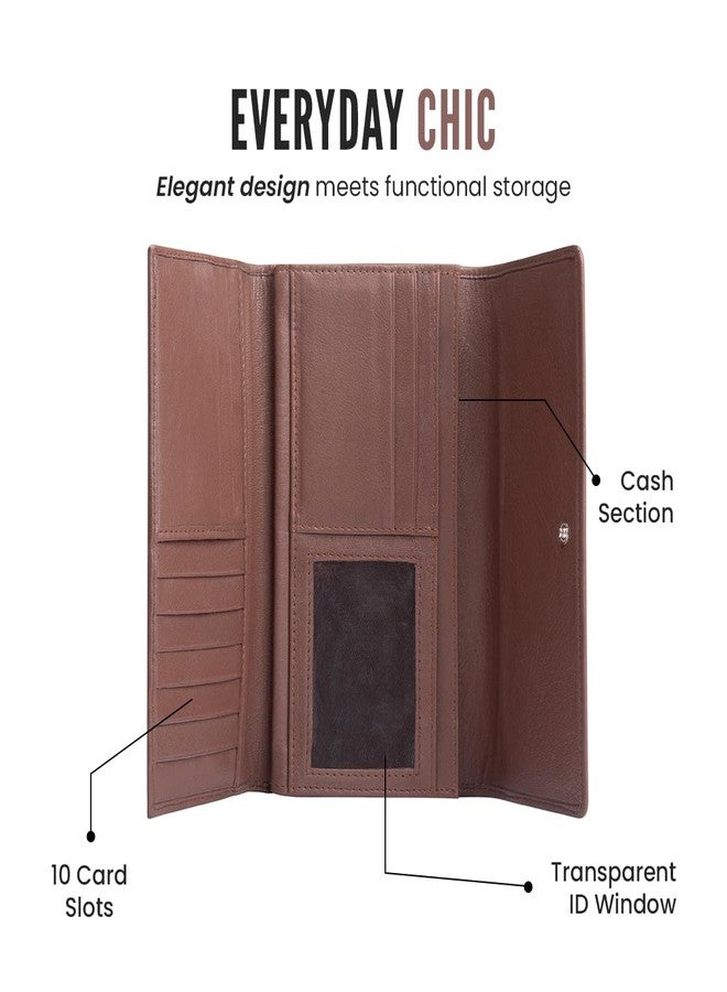 ELI Women’s Long Leather Wallet | RFID Protected Ladies Purse with 10 Card Slots, Cash Section & Transparent ID Window | Elegant Tall Bi-Fold Organizer for Daily Use & Travel | Stylish Gift for Women - Image 2