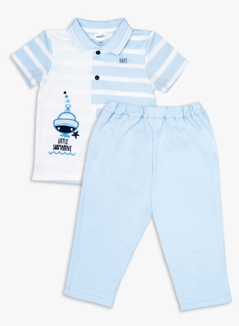 Moon MOON 100% Cotton Polo T-Shirt and Long Pant 9-12M Blue - Little Submarine  - Image 1