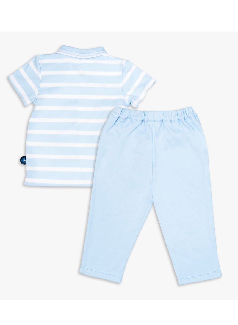 Moon MOON 100% Cotton Polo T-Shirt and Long Pant 9-12M Blue - Little Submarine  - Image 2