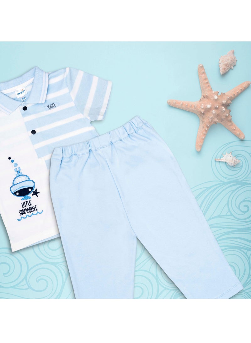 Moon MOON 100% Cotton Polo T-Shirt and Long Pant 9-12M Blue - Little Submarine  - Image 5