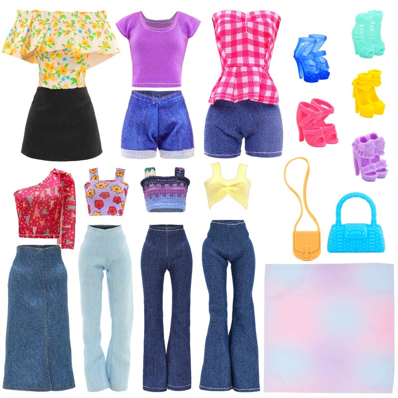 BARWA 17 Pcs Doll Clothes and Accessories for 11.5 Inch Girl Dolls Including 7 Sets Fashion Floral Skirts and Denim Skirts, Casual Tops and Pants with 2 Bags, 5 Shoes, 1 Plaid Picnic Mat - Image 2