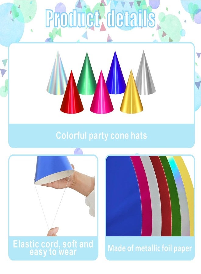 QZV 28 Pcs Metallic Cone Party Hats Bulk with Elastic String, 7 Colors Birthday Party Hats for Kids Adults Pets,4.7x7.28 In - Image 5