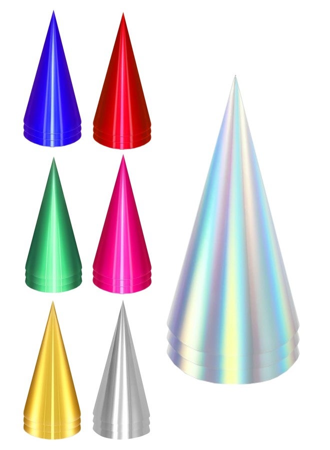 QZV 28 Pcs Metallic Cone Party Hats Bulk with Elastic String, 7 Colors Birthday Party Hats for Kids Adults Pets,4.7x7.28 In - Image 1