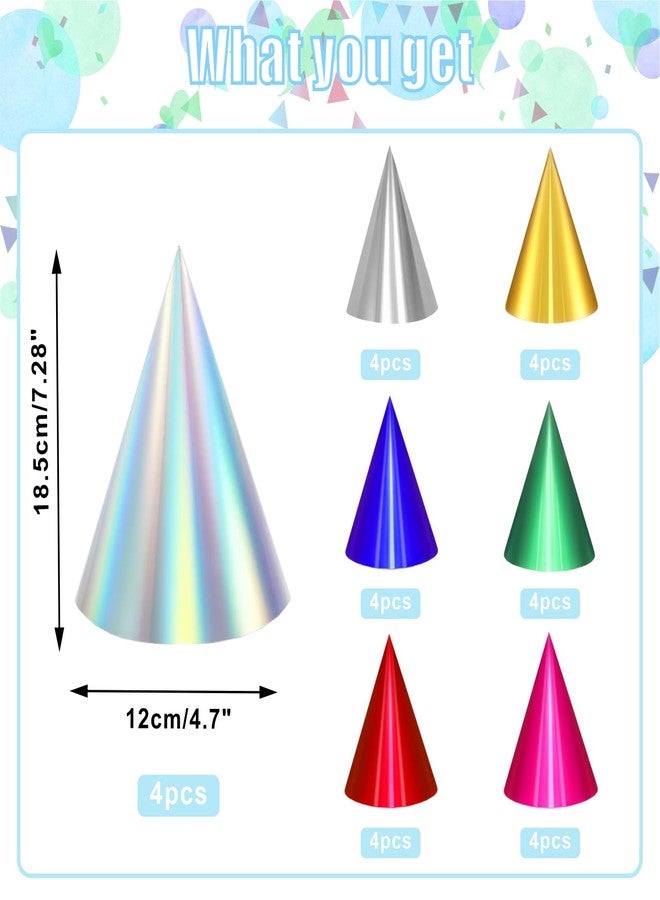 QZV 28 Pcs Metallic Cone Party Hats Bulk with Elastic String, 7 Colors Birthday Party Hats for Kids Adults Pets,4.7x7.28 In - Image 2