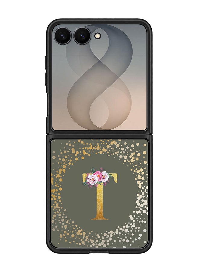 Stylizedd Rugged Case for Samsung Galaxy Z Flip8- Slim Fit Hybrid Rubber Cover Floral Monogram - T (Olive Green)