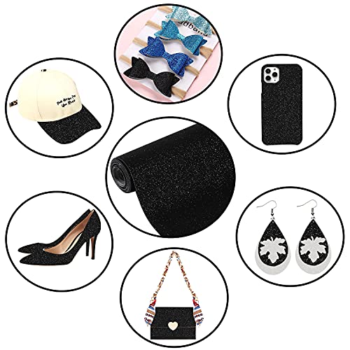 Picheng Sparkly Superfine Glitter Leather Sheets Shiny Faux Fabric Canvas Perfect for Craft DIY Handmade Projects Earrings Bows Craft Key Chain 1 Roll 8.2" x 53" (21 cm x 135 cm) (Black) - Image 5
