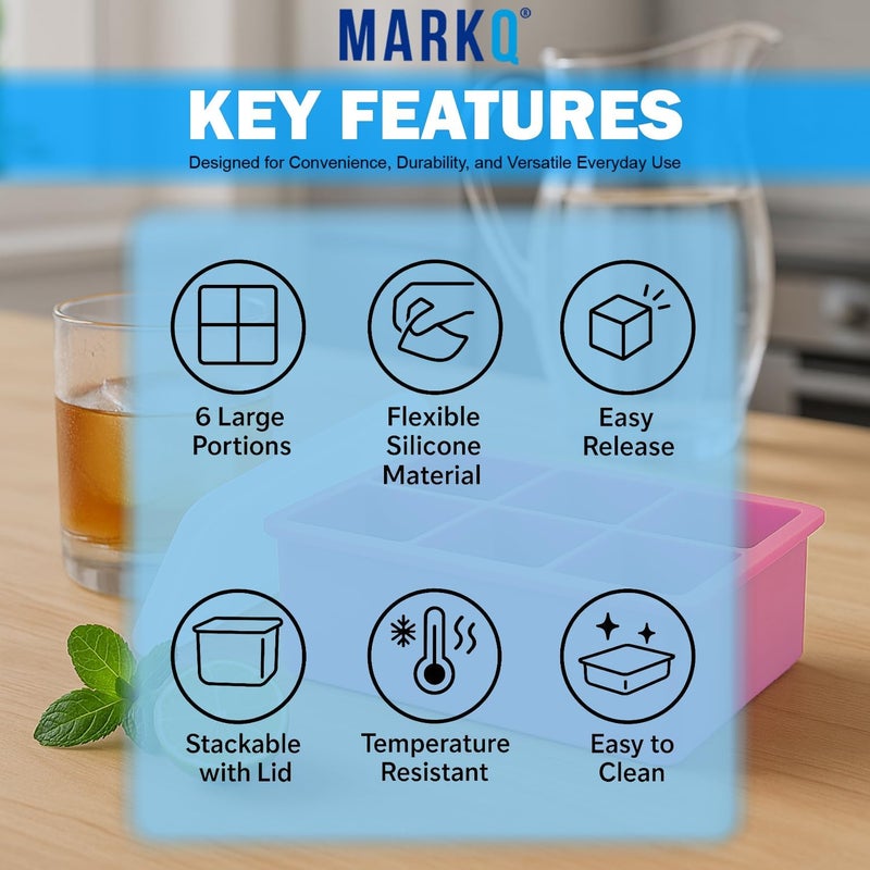 MARKQ Silicone Ice Cube Tray 6 Portions – Non-Stick Silicone Ice Mold for Chocolate, Desserts & Baby Food | Easy Release BPA-Free Ice Maker Tray for Freezer Use, Pink - Image 3