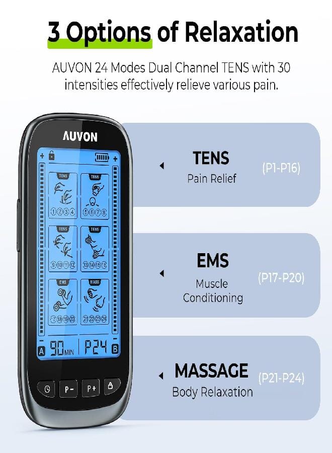 AUV0N AUVON 3-in-1 TENS Unit Muscle Stimulator, Dual Channel Electronic Pulse Massager, TENS EMS Machine, 24 Modes Muscle Massager for Pain Relief Therapy, EVA Travel Case, 12 Pcs TENS Unit Electrodes Pads - Image 3