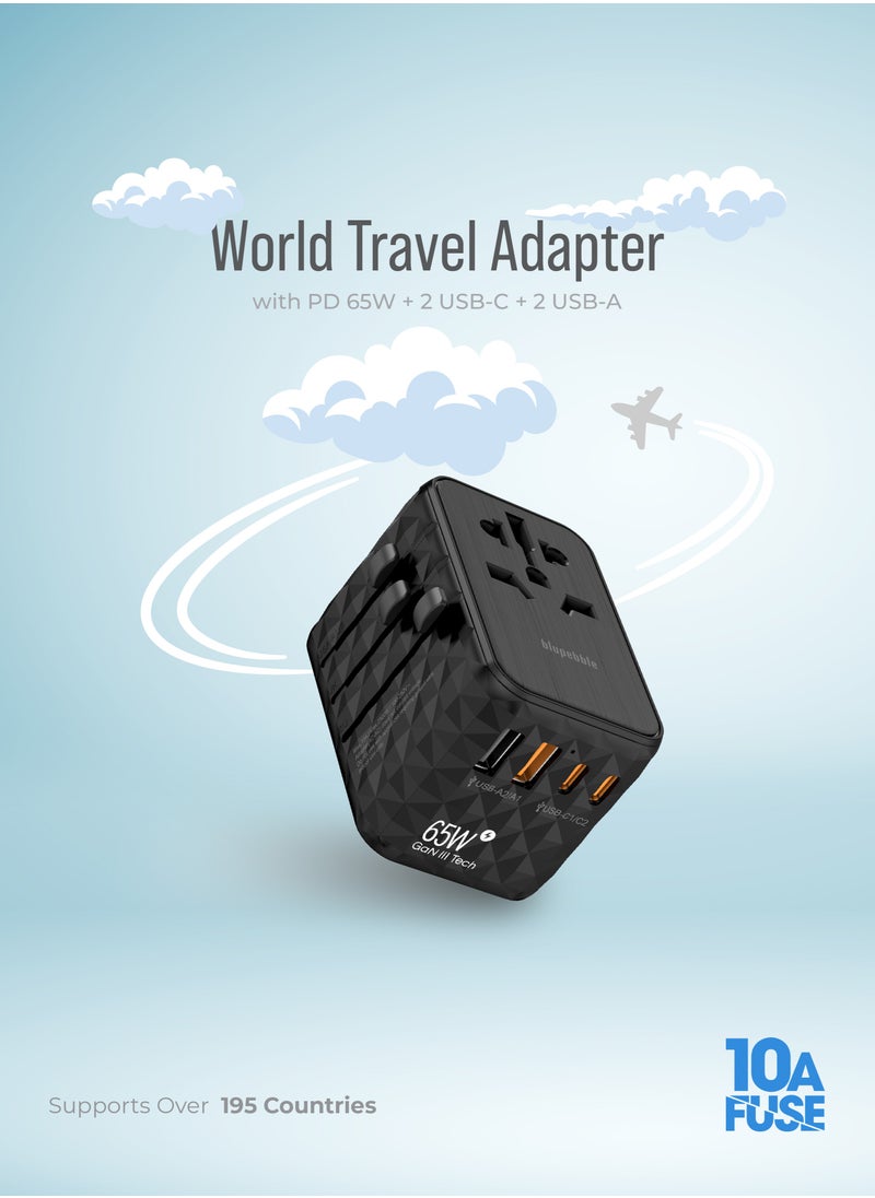 Passport 2.1 World Travel Adapter with 2 USB-C, 2 USB-A ports, 65W PD Fast Charge and 60W QC 3.0 Charging Max for EU, UK, USA, AU for Multi Countries