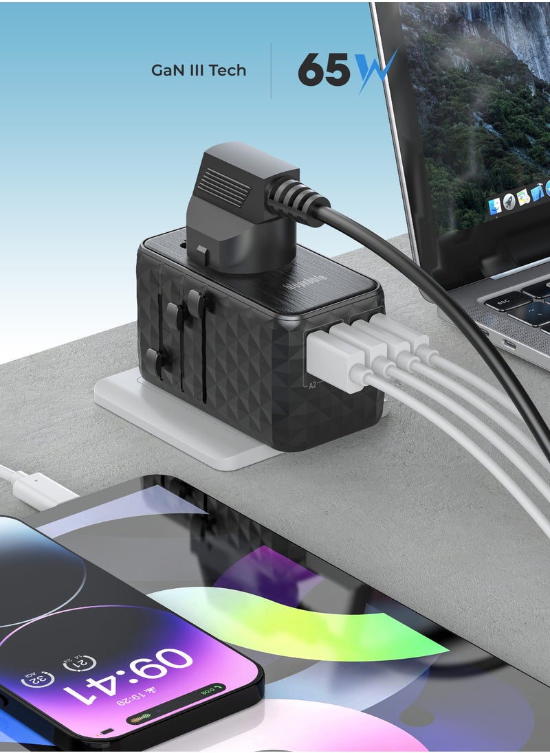 blupebble محول سفر عالمي Passport 2.1 مزود بمنفذين USB-C + 2 منفذ USB-A وشحن سريع PD بقوة 65 وات وشحن QC 3.0 بحد أقصى 60 وات للاتحاد الأوروبي والمملكة المتحدة والولايات المتحدة وأستراليا وللعديد من البلدان  - Image 5