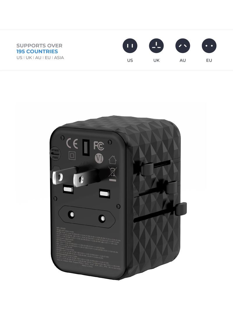 blupebble محول سفر عالمي Passport 2.1 مزود بمنفذين USB-C + 2 منفذ USB-A وشحن سريع PD بقوة 65 وات وشحن QC 3.0 بحد أقصى 60 وات للاتحاد الأوروبي والمملكة المتحدة والولايات المتحدة وأستراليا وللعديد من البلدان  - Image 2