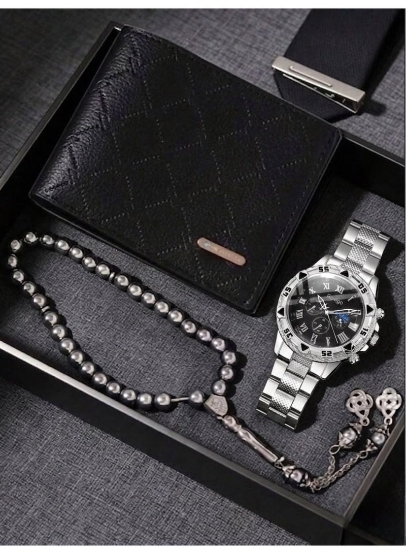 Luxury 3-piece men's watch set, including a quartz watch with a black dial, a quilted-texture wallet, and prayer beads.