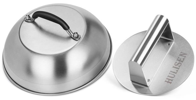 HULISEN Cheese Melting Dome  Smashed Burger Press 62 Grill Press with 9 Basting Cover Stainless Steel Burger Smasher Griddle Accessories Kit for Flat Top Grill Cooking IndoorOutdoor