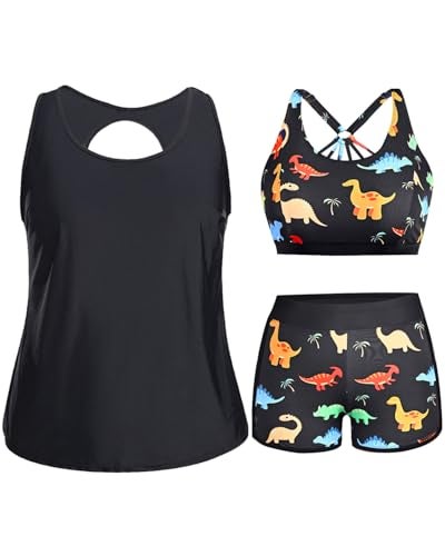 Holipick Women Black Dinosaur Plus Size 3 Piece Tankini Swimsuits Athletic Bathing Suits with Boy Shorts Tank Top with Sports Bra 22W - Image 1