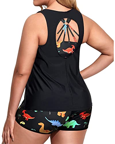 Holipick Women Black Dinosaur Plus Size 3 Piece Tankini Swimsuits Athletic Bathing Suits with Boy Shorts Tank Top with Sports Bra 22W - Image 5