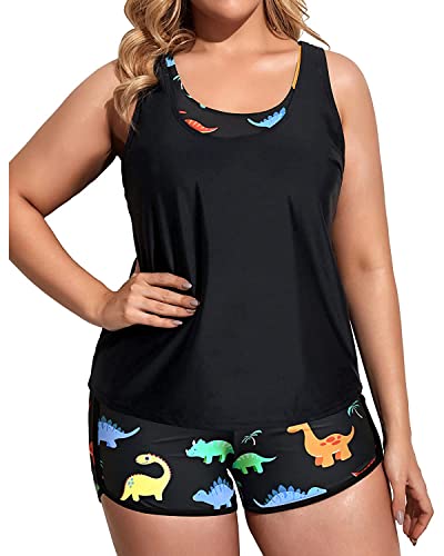 Holipick Women Black Dinosaur Plus Size 3 Piece Tankini Swimsuits Athletic Bathing Suits with Boy Shorts Tank Top with Sports Bra 22W - Image 2