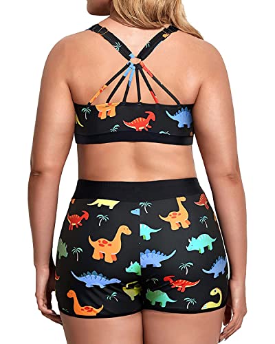 Holipick Women Black Dinosaur Plus Size 3 Piece Tankini Swimsuits Athletic Bathing Suits with Boy Shorts Tank Top with Sports Bra 22W - Image 4