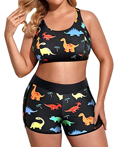Holipick Women Black Dinosaur Plus Size 3 Piece Tankini Swimsuits Athletic Bathing Suits with Boy Shorts Tank Top with Sports Bra 22W - Image 3