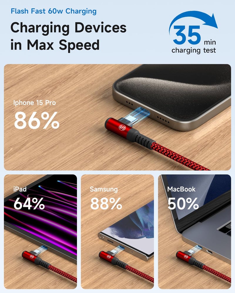 sweguard USB C to USB C Cable 90 Degree [2-Pack, 1m] Type-C Cable 60W Fast Charging cable for iPhone 17/16/15, MacBook Pro/Air, iPad Pro, Sam sung Galaxy S26/S25/S24~S8, Sony, Pixel & All Type-C Devices(Red) - Image 4