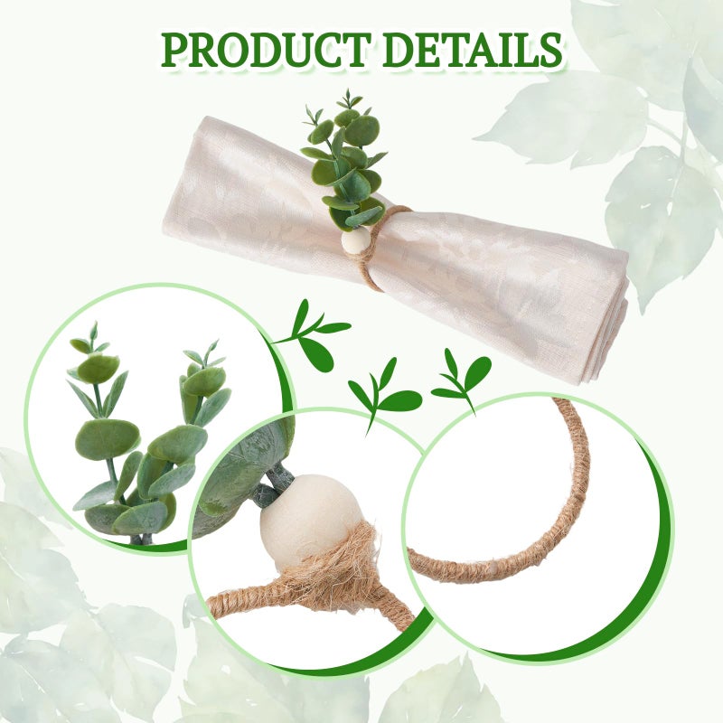 APTWOW Napkin Rings Set of 12, Christmas Napkin Rings, Boho Eucalyptus Leaf Napkins Rings, Wood Bead Farmhouse Easter Napkin Holder for Weddings Christmas Party Table Decoration - Image 4