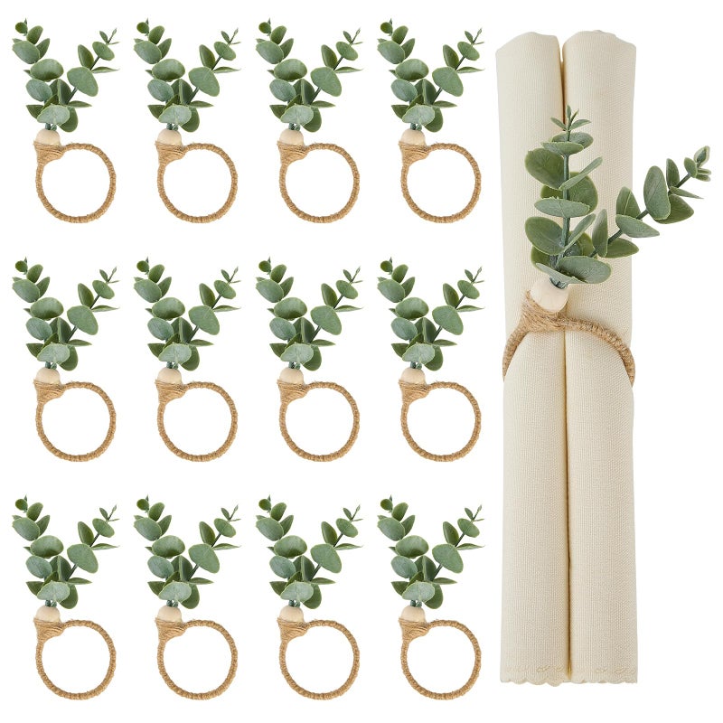 APTWOW Napkin Rings Set of 12, Christmas Napkin Rings, Boho Eucalyptus Leaf Napkins Rings, Wood Bead Farmhouse Easter Napkin Holder for Weddings Christmas Party Table Decoration - Image 1