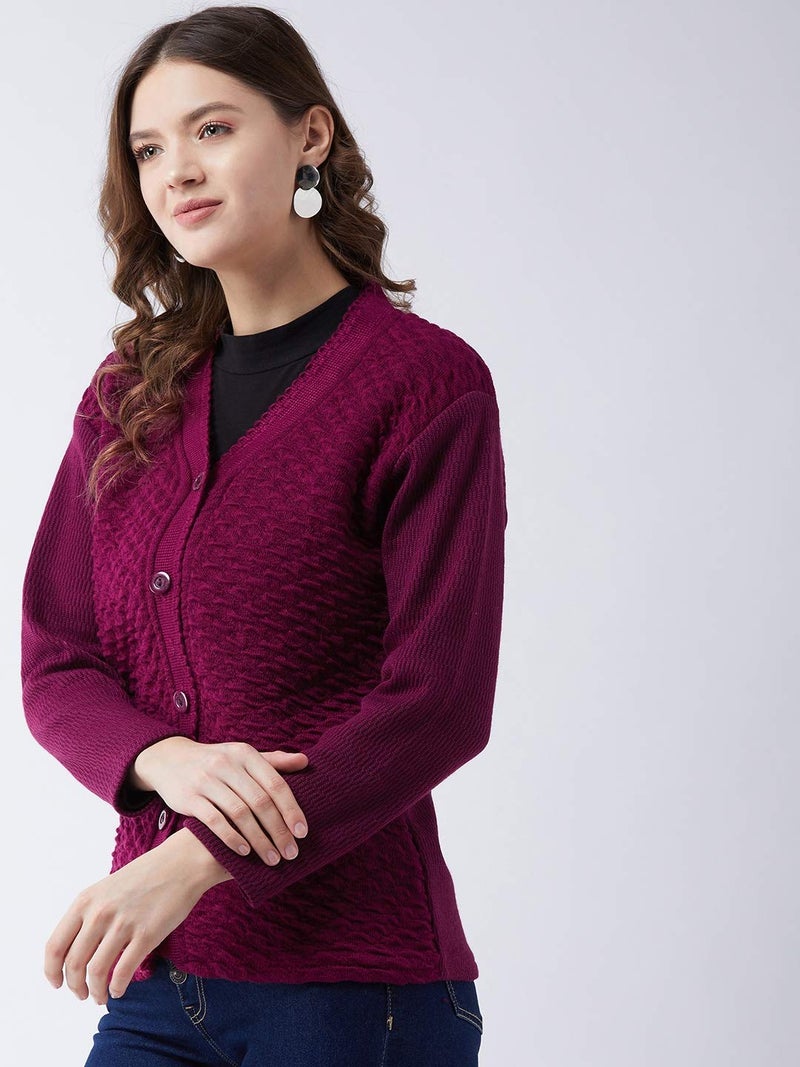 Pivl Self Design V Neck Casual Women Sweater/Cardigan for Winter (Mauve, X-Large) - Image 3