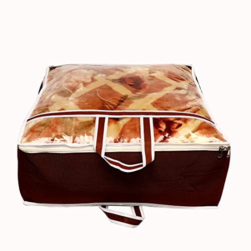 AARON INC Presents Non Woven Blanket Storage Bag With Front Handle Large Transparent Clear Window Large Size Storage Bag Cover Under Bed Storage (Brown Pack of 1) - Image 2
