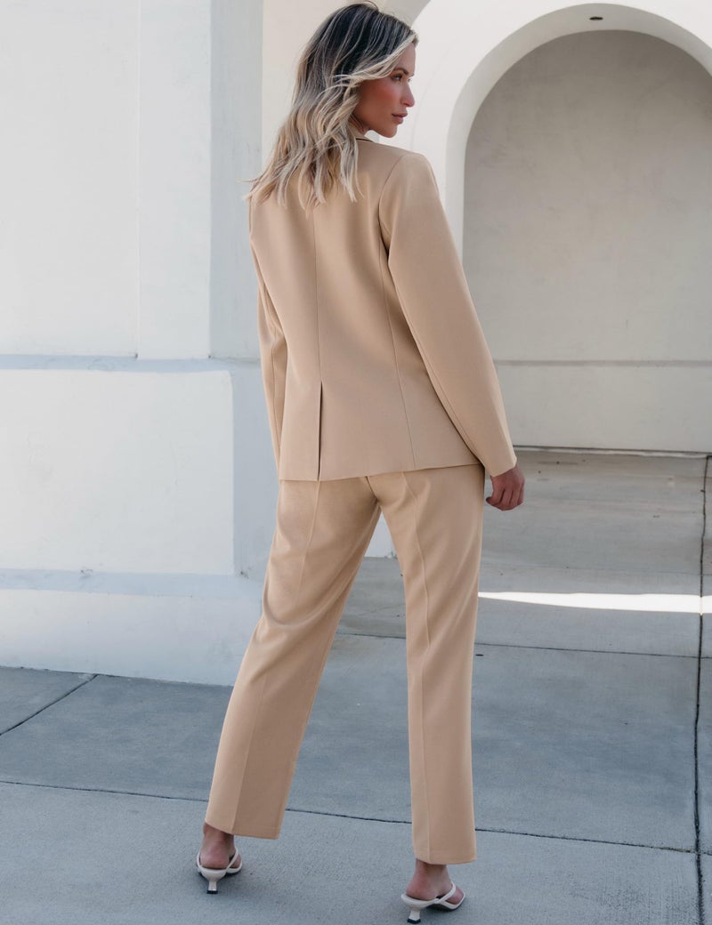 luvamia Women's Two Piece Sets Pants Suits Dressy Business Casual Outfits Professional Blazer Pantsuits Set Work Office Beige Medium Fits US 8-10 - Image 2