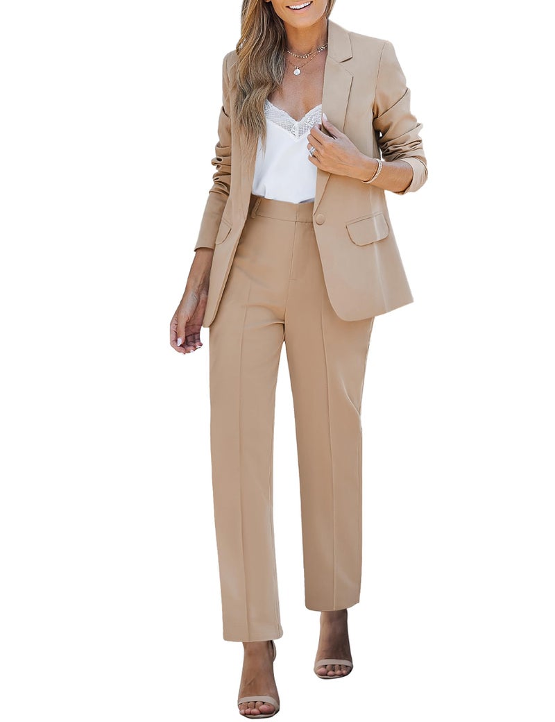luvamia Women's Two Piece Sets Pants Suits Dressy Business Casual Outfits Professional Blazer Pantsuits Set Work Office Beige Medium Fits US 8-10 - Image 1