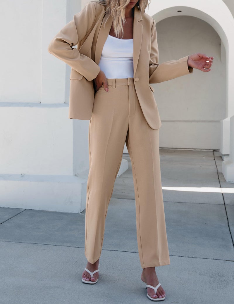 luvamia Women's Two Piece Sets Pants Suits Dressy Business Casual Outfits Professional Blazer Pantsuits Set Work Office Beige Medium Fits US 8-10 - Image 4