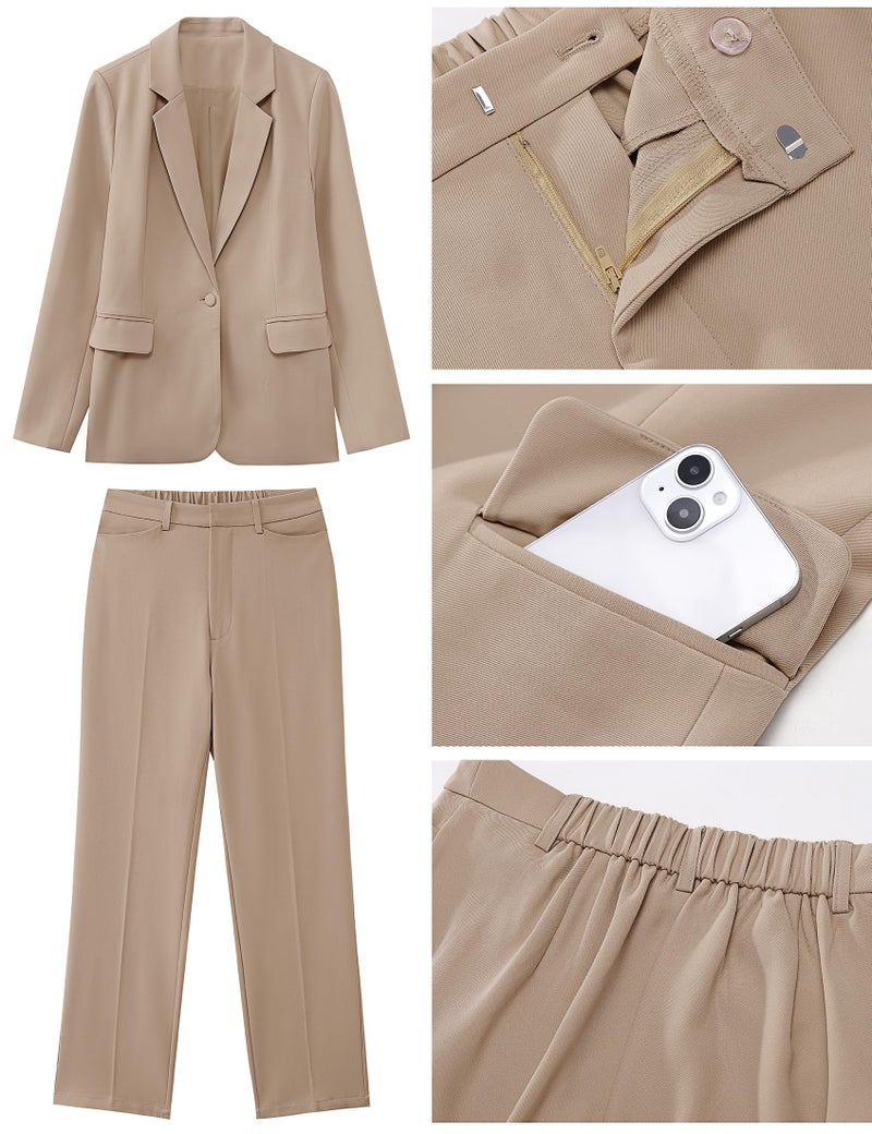 luvamia Women's Two Piece Sets Pants Suits Dressy Business Casual Outfits Professional Blazer Pantsuits Set Work Office Beige Medium Fits US 8-10 - Image 5