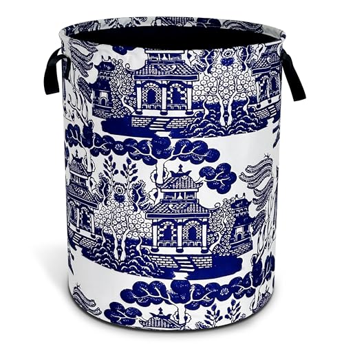 NUTAINLA Blue White Porcelain Laundry Basket Chinoiserie Foldable Oxford Cloth Funny Tote Bag Laundry Hamper Clothes Storage Bucket Organizer For Bathroom/Laundry Storage/Bedroom17.7x13.7 Inch - Image 1