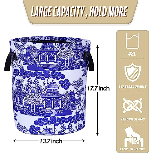 NUTAINLA Blue White Porcelain Laundry Basket Chinoiserie Foldable Oxford Cloth Funny Tote Bag Laundry Hamper Clothes Storage Bucket Organizer For Bathroom/Laundry Storage/Bedroom17.7x13.7 Inch - Image 2