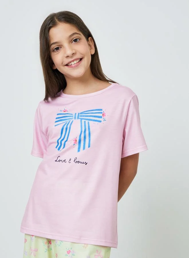 Styli Teens Bow Print Short Sleeve T-Shirt and Pyjama Set