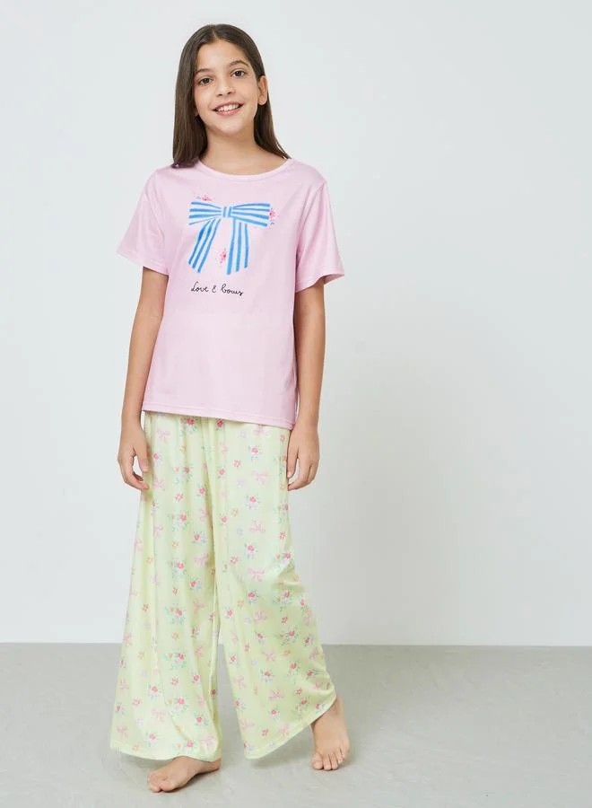 Styli Teens Bow Print Short Sleeve T-Shirt and Pyjama Set