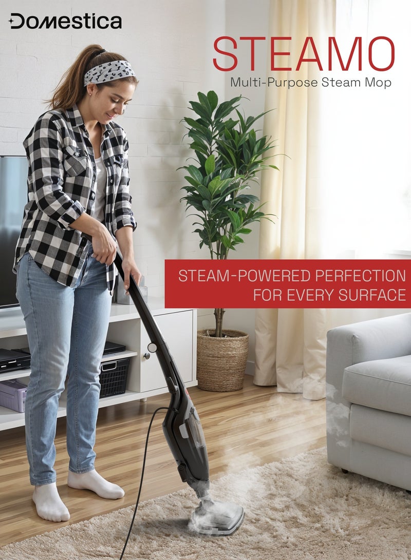 دوماستيكا ممسحة بخارية ستيمو ١٠ في ١ لتنظيف المنزل مع ١٢ ملحقًا | ممسحة بخارية يدوية بقوة ٧٠٠ واط لتنظيف الأرضيات مع بخار فائق الحرارة، وسادة من الألياف الدقيقة، تسخين لمدة ٣٠ ثانية، سعة ٣٥٠ مل، خالية من المواد الكيميائية، آمنة على جميع الأرضيات المغلقة وصديقة للبيئة، لون أسود - Image 2
