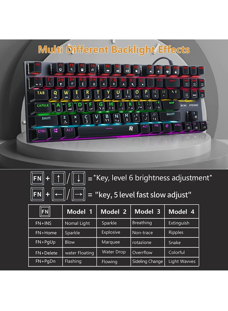 Rock Pow English Arabic Mechanical Gaming Keyboard With RGB LED Rainbow Backlit Quick Response USB Wired E-sport Waterproof 87 Keys Keyboard For Windows/MacOS/Android And PC Gamers - Image 3