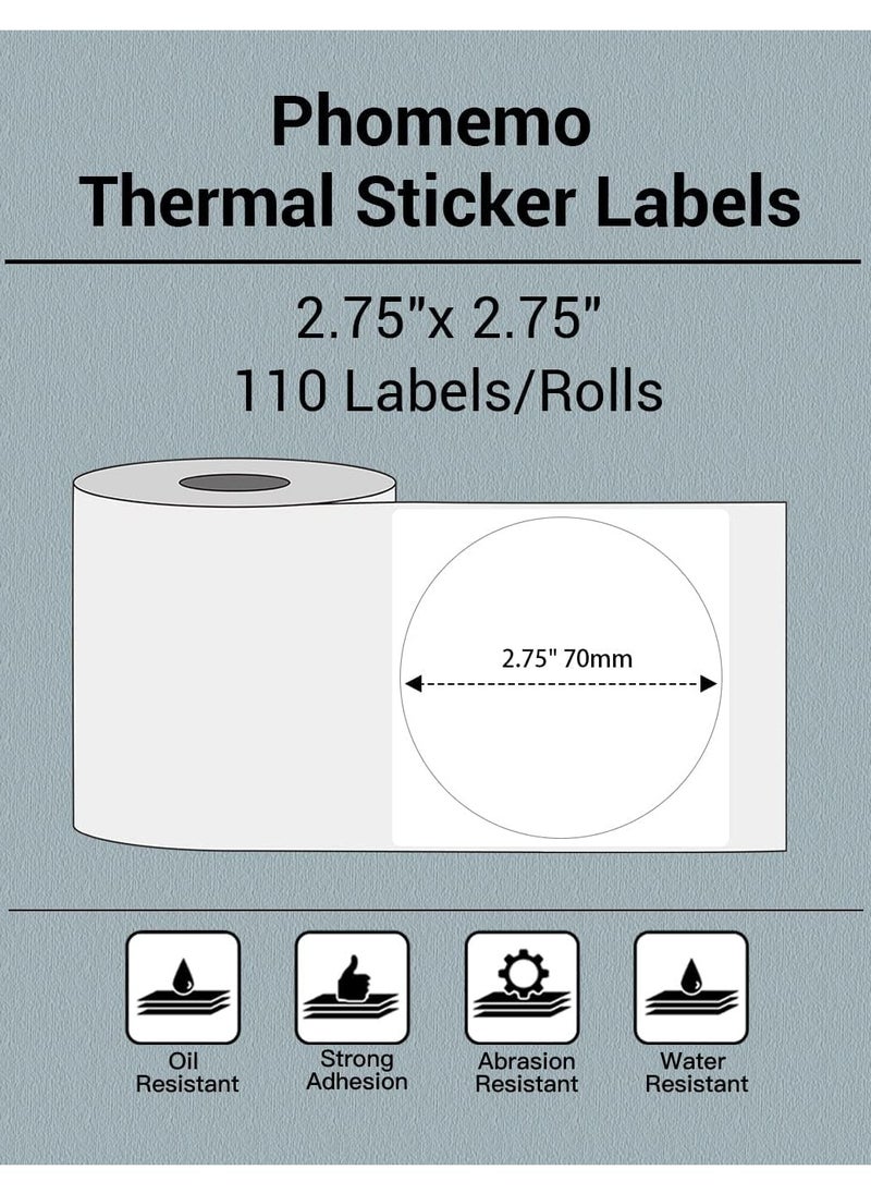 phomemo Multi-Purpose Round Self-Adhesive Label for M200/ M220/ M221 Label Printer, 70x70mm, 110 Labels/Roll (White)  - Image 2